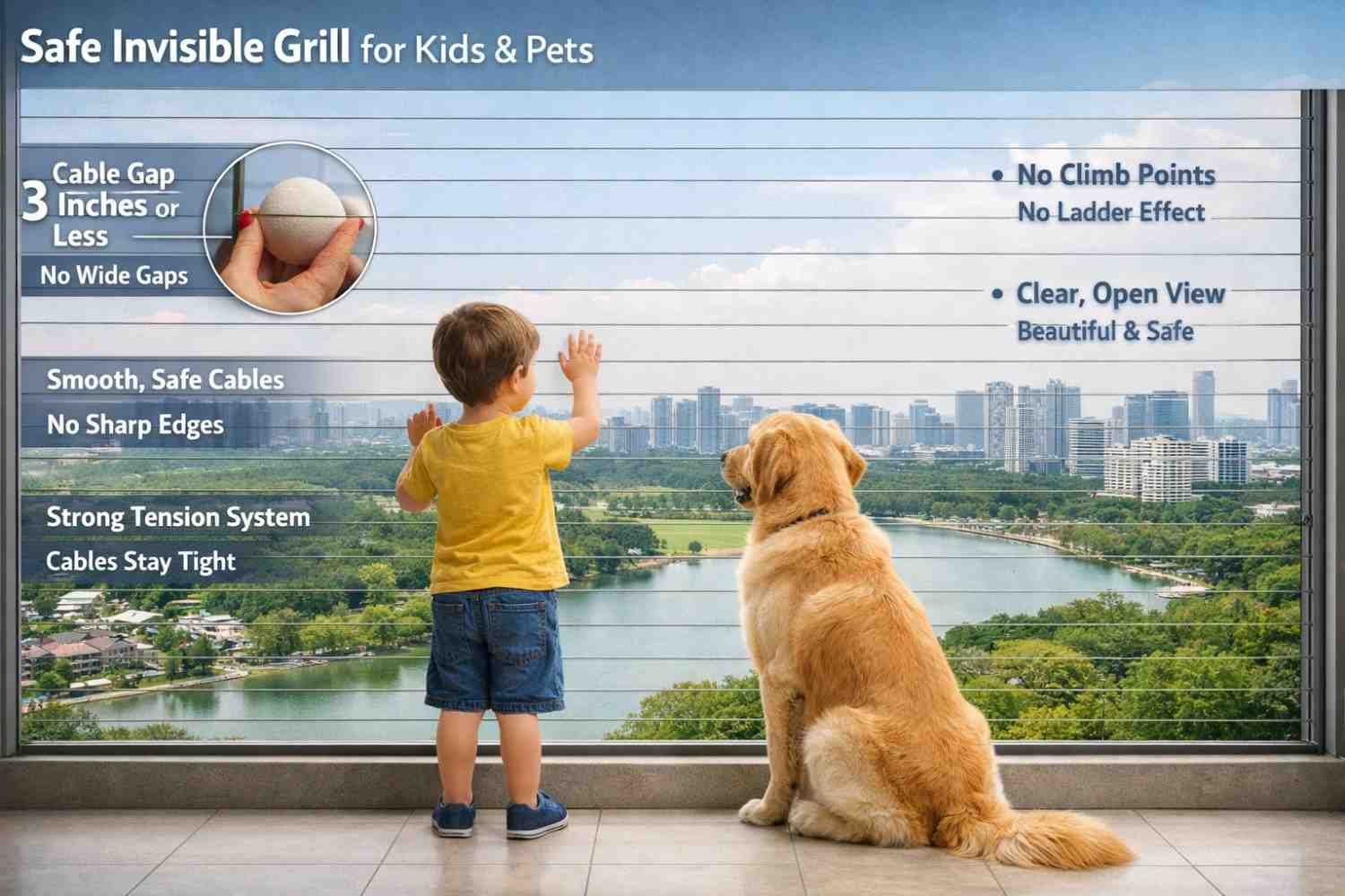 Child and Pet Safety Considerations - Shows child near invisible grill