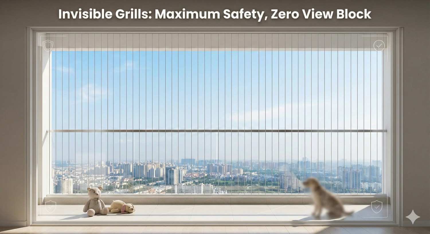 Key Safety Benefits of Invisible Grills - Shows invisible grill protecting children on balcony