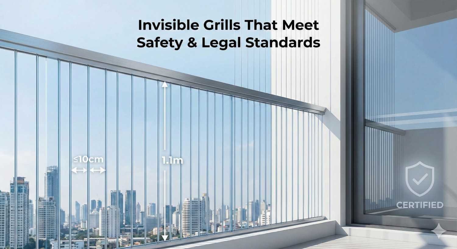 Legal and Safety Standards for Invisible Grills - Shows compliant installation with measurements