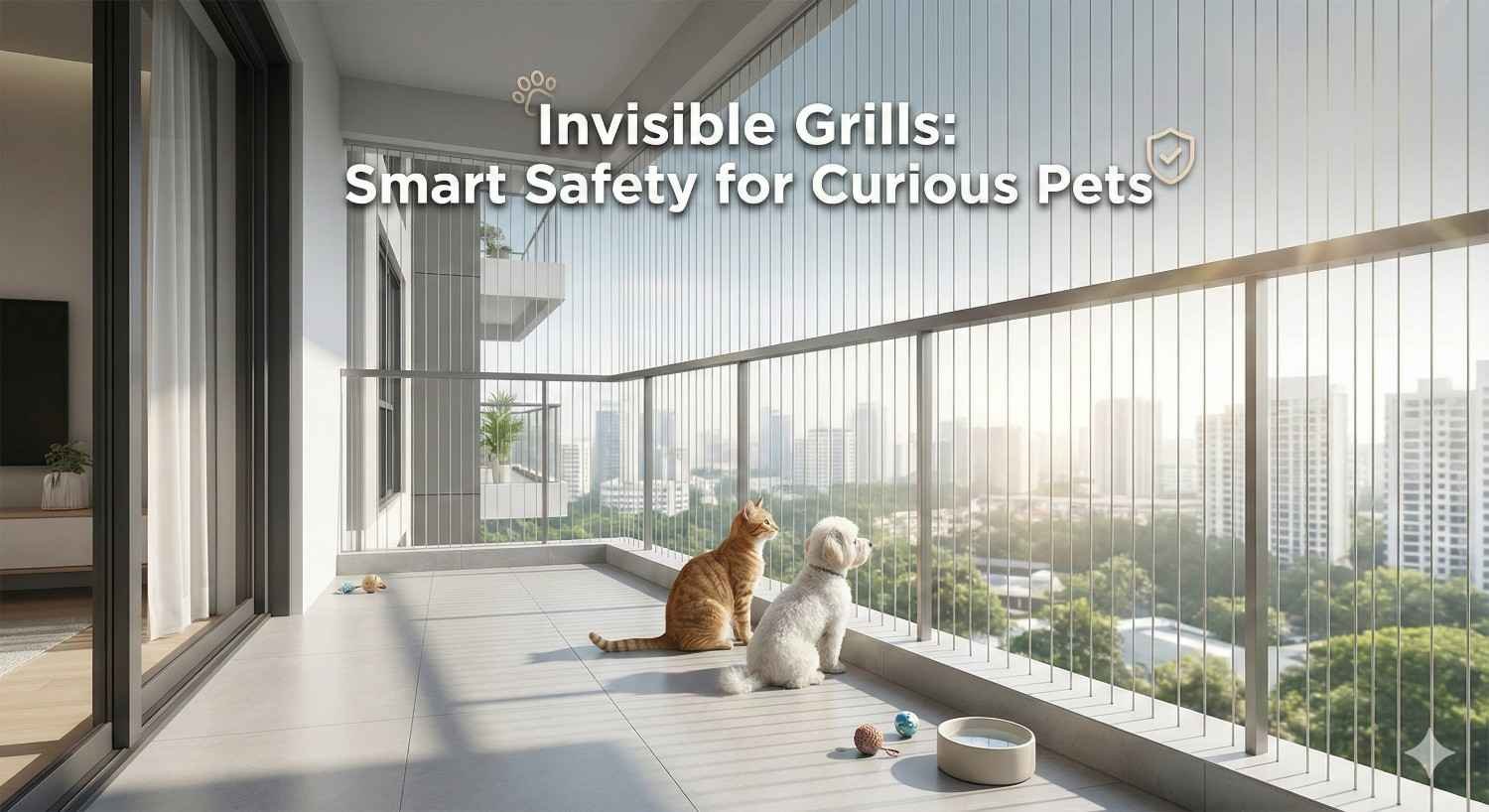 Preventing Accidents for Pets with Invisible Grills - Shows pet safe balcony with invisible grill